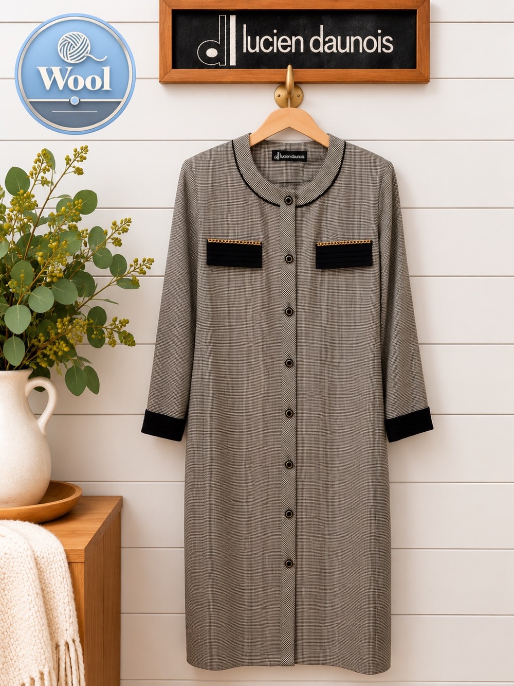 Lucien Daunois Vintage 100% Wool Micro Houndstooth Dress – Size 48